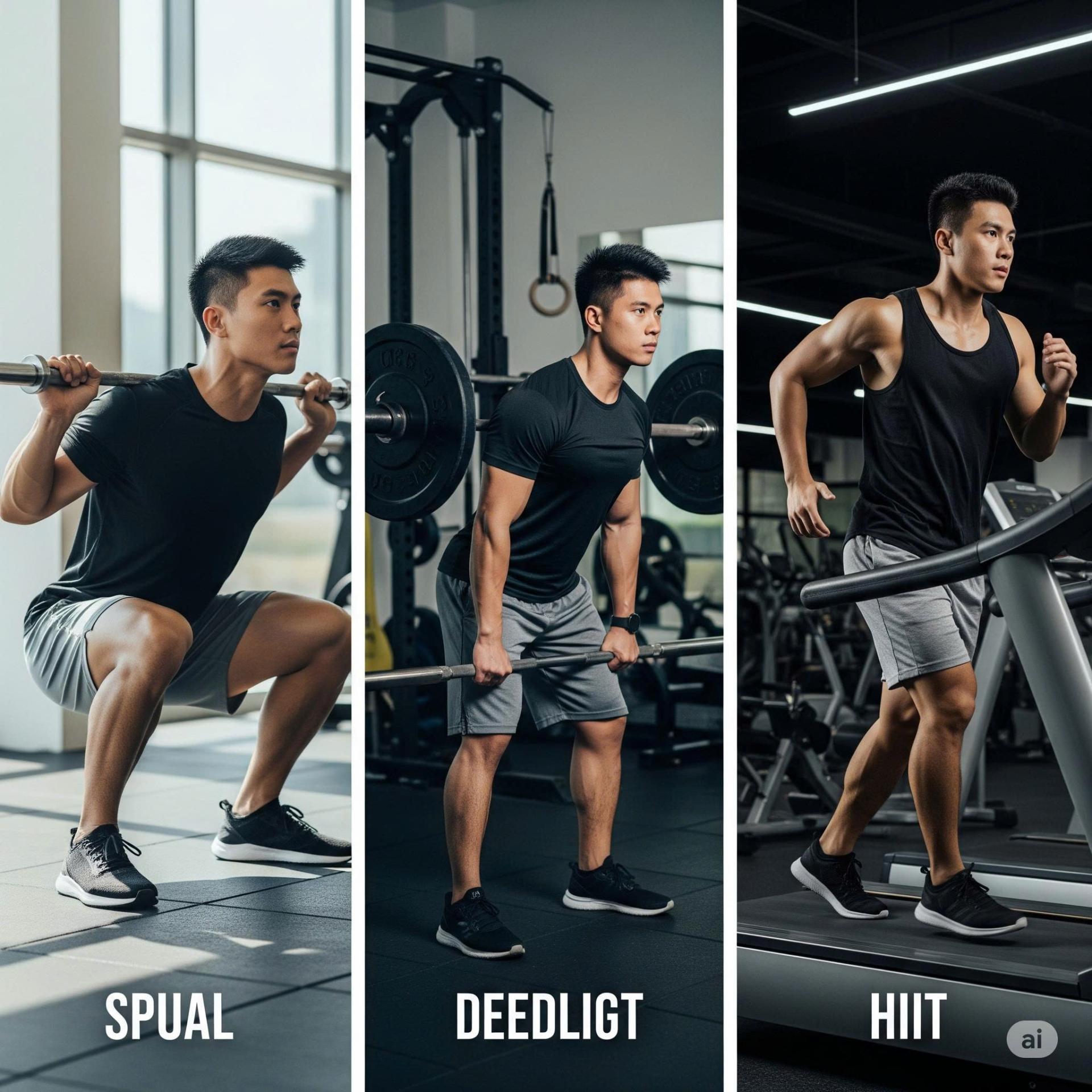 Hình ảnh minh họa các bài tập tăng testosterone hiệu quả nhất cho nam giới, bao gồm Squat, Deadlift và HIIT.